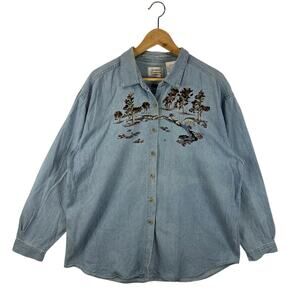 Vintage Northern Treasures Denim Shirt River Nature Embroidery Artsy Boho Sz XL